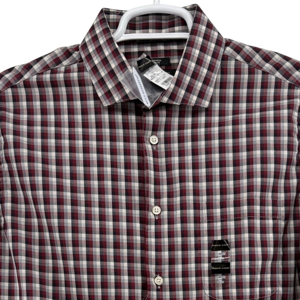 Pronto Uomo Slim Fit Non-Iron Dress Shirt 17 32/33 Burgundy Navy Plaid Cotton